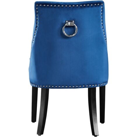 Single Windsor Velvet Dining Chair - Ergonomic Scoop Knockerback and Solid Wood Legs - Tufted Side chair for Dining Room Kitchen Living Room - Blue