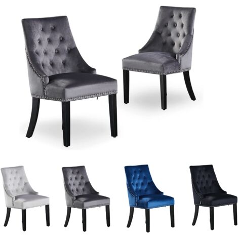 Set of 2 Windsor Velvet Dining Chairs - Ergonomic Scoop Knockerback and Solid Wood Legs - Tufted Side chair for Dining Room Kitchen Living Room - Dark Grey
