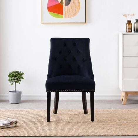 Set of 2 Windsor Velvet Dining Chairs - Ergonomic Scoop Knockerback and Solid Wood Legs - Tufted Side chair for Dining Room Kitchen Living Room - Black