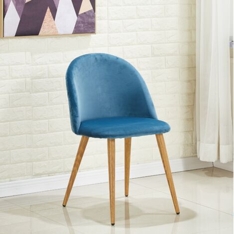 Single Lucia Velvet Dining Chair - Upholstered Curved Back Modern Dining Chair w/ Wooden Legs - Blue