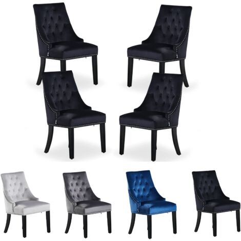 Set of 4 Windsor Velvet Dining Chairs - Ergonomic Scoop Knockerback and Solid Wood Legs - Tufted Side chair for Dining Room Kitchen Living Room - Black