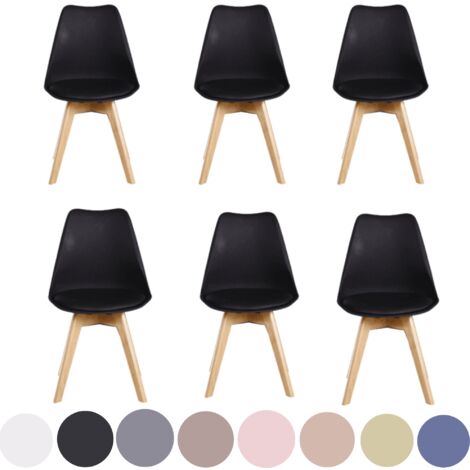 Set of 6 Lorenzo Scandinavian Minimalist Dining Chairs with Faux Leather Cushions and Solid Wood Legs - Side Chair for Dining Room Kitchen Office - Black