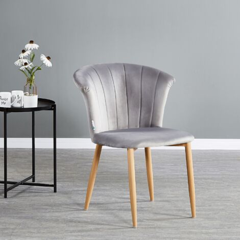 Single Elsa Velvet Dining Chair - Upholstered Modern Dining Chair w/ Wooden Legs - Grey