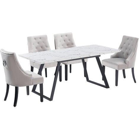 Windsor & Toga LUX Dining Set | Modern Table | Velvet Tufted Chairs | Door Knocker Chair | WHITE/BLACK & DARK GREY