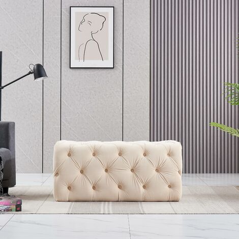 Life Interiors: Melia Velvet Small Rectangle Pouffe | Footrest | Retro Stool | LUX Design | Button Detailed | CREAM