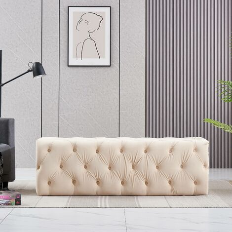 Life Interiors: Melia Velvet Large Rectangle Pouffe | Footrest | Retro Stool | LUX Design | Button Detailed | CREAM