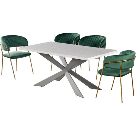 Duke & Atarah Dining Table & Chairs | 4 Set Chairs | Modern Dining Table | Velvet Chairs | Retro Chairs | Vintage | LUX Chairs | Metal Legs | Padded Chairs | GREEN & WHITE