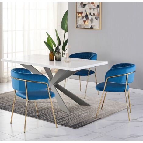 Duke LUX Atarah Dining Set - a White Wooden Dining Table and Set of 4 Blue Velvet Dining Chairs - Dining Room Kitchen (1/5)
