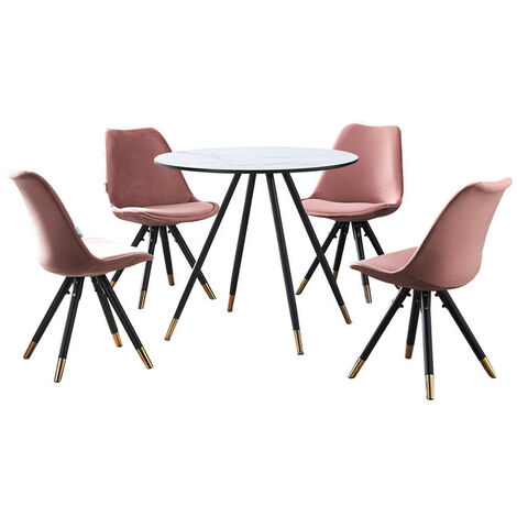 Dorchester LUX Sofia Dining Set - a White Wooden Dining Table and Set of 4 Pink Vevet Dining Chairs - Dining Room Kitchen (1/5)