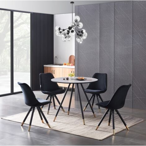 Dorchester LUX Sofia Dining Set - a Grey Wooden Dining Table and Set of 4 Black Velvet Dining Chairs - Dining Room Kitchen