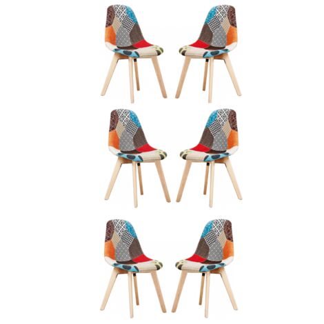 Set of 6 Patchwork Retro Dining Chairs - Upholstered in Fabric, Cushion Padded and Solid Wooden Legs - Side Chair Room Kitchen Living Room - Multicoloured (1/5)