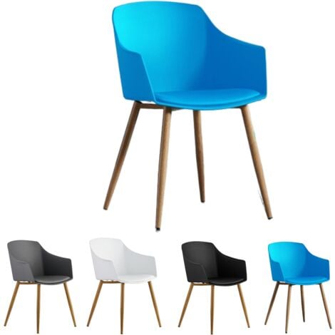 Single Eden Modern Plastic Dining Chair with Faux Leather Cushions and Solid Wood Legs - Armchair for Dining Room Kitchen Office - Blue