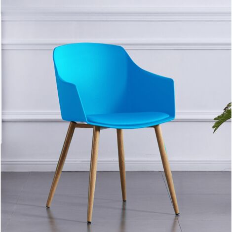 Single Eden Modern Plastic Dining Chair with Faux Leather Cushions and Solid Wood Legs - Armchair for Dining Room Kitchen Office - Blue