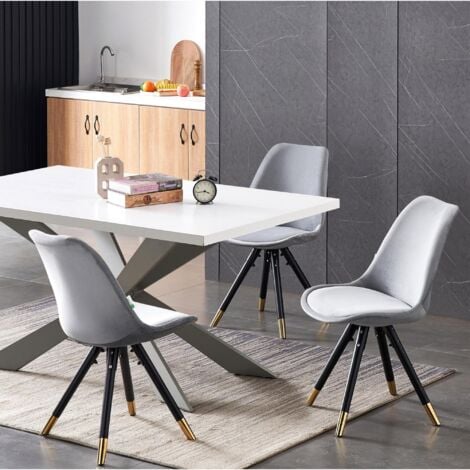 Duke LUX Sofia Dining Set - a White Wooden Dining Table and Set of 4 Light Grey Velvet Dining Chairs - Dining Room Kitchen