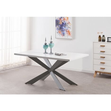 Duke LUX Sofia Dining Set - a White Wooden Dining Table and Set of 4 Light Grey Velvet Dining Chairs - Dining Room Kitchen