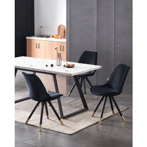 Toga LUX Sofia Dining Set - a White Extendable Dining Table and Set of 4 Black Velvet Dining Chairs - Dining Room Kitchen