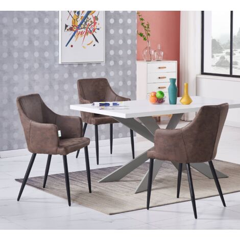 Duke LUX Zarah Dining Set - a White Wooden Dining Table and Set of 4 Dark Brown Leather Dining Chairs - Dining Room Kitchen (1/5)
