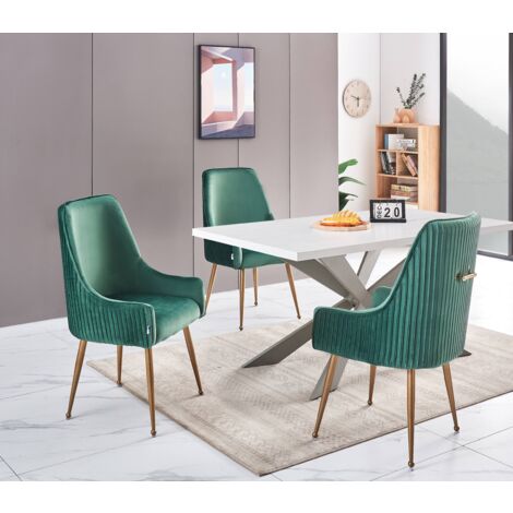 Duke LUX Soho Dining Set - a White Wooden Dining Table and Set of 4 Green Velvet Dining Chairs - Dining Room Kitchen