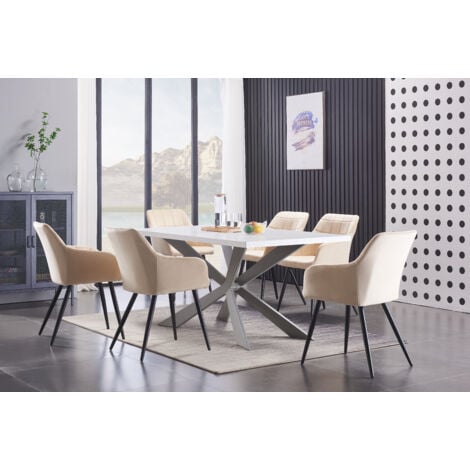 Duke LUX Camden Dining Set - a White Wooden Dining Table and Set of 6 Cream Velvet Dining Chairs - Dining Room Kitchen