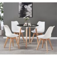 Halo Round Lorenzo Dining Set - a Black Wooden Dining Table and Set of 4 White Polypropylene Dining Chairs - Dining Room Kitchen