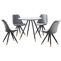 Dorchester LUX Sofia Dining Set - a White Wooden Dining Table and Set of 4 Light Grey Vevet Dining Chairs - Dining Room Kitchen