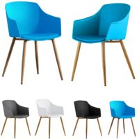 Set of 2 Eden Modern Plastic Dining Chairs with Faux Leather Cushions and Solid Wood Legs - Armchair for Dining Room Kitchen Office - Blue
