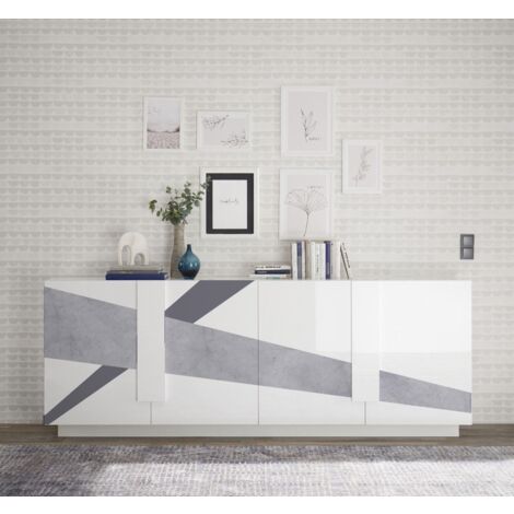 Madia 4 ante linea Sax in finitura Bianco Lucido con serigrafia cemento