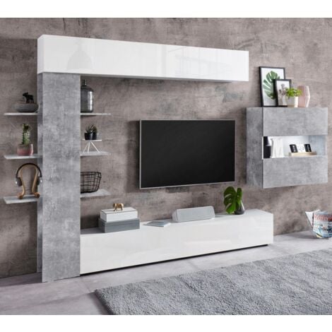 Parete attrezzata Calvin linea  Practical in finitura Bianco laccato lucido e Beton