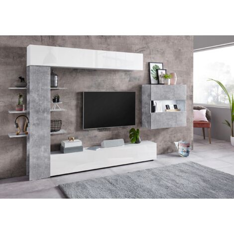 Parete attrezzata Calvin linea  Practical in finitura Bianco laccato lucido e Beton