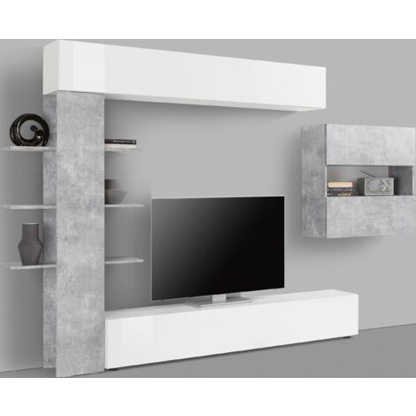 Parete attrezzata Calvin linea  Practical in finitura Bianco laccato lucido e Beton