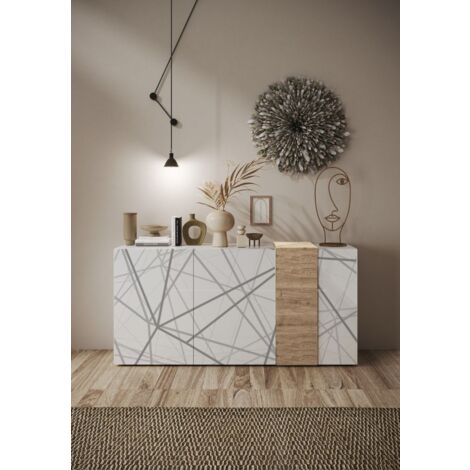 Madia 3 ante linea Olimpo finitura Bianco Lucido e Rovere Kadiz con serigrafia