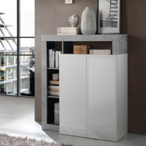 Credenza 2 ante linea Frame in Bianco Lucido e Cemento