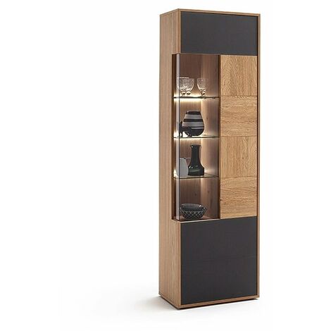 Vitrine VALERIA 1 porte poutre chêne Bianco verre satine anthracite