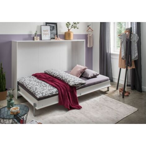 Lit escamotable horizontal VANIER blanc mat couchage 140 x 200 cm