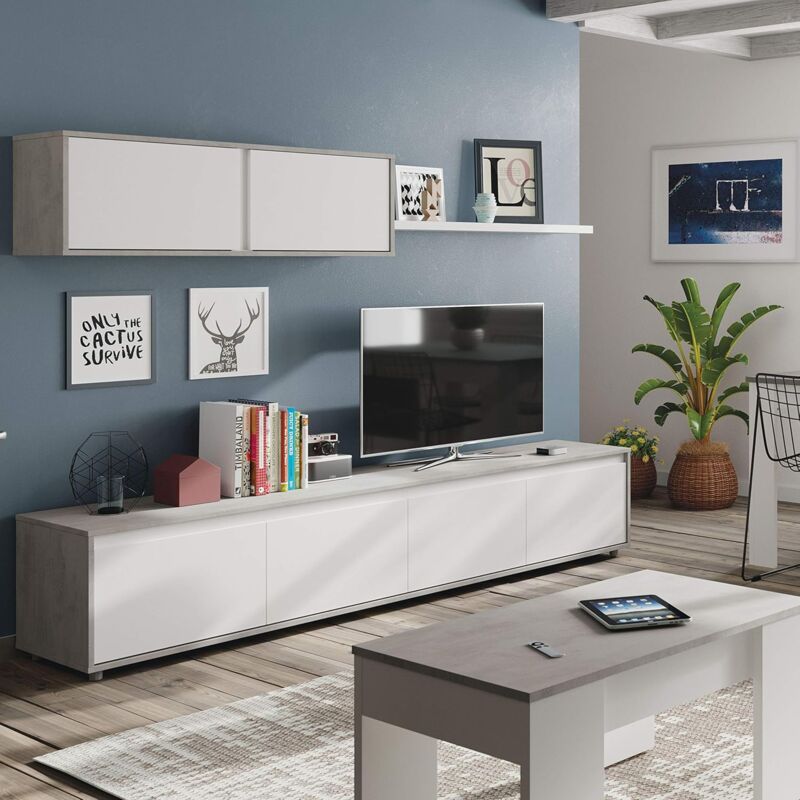 Mueble de TV / Hi-FI 2 cajones gris cemento y blanco L120 cm - Bristol