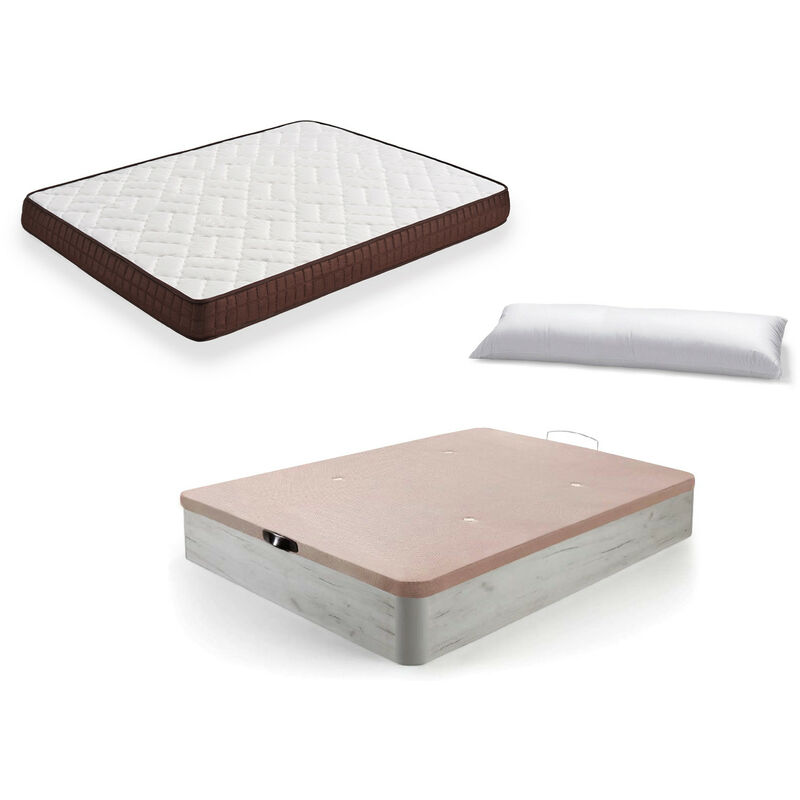 Cama Completa - Colchon Viscobrown Reversible + Canape Abatible De Madera Color Blanco Vintage + Almohada De Fibra, 105x190 Cm
