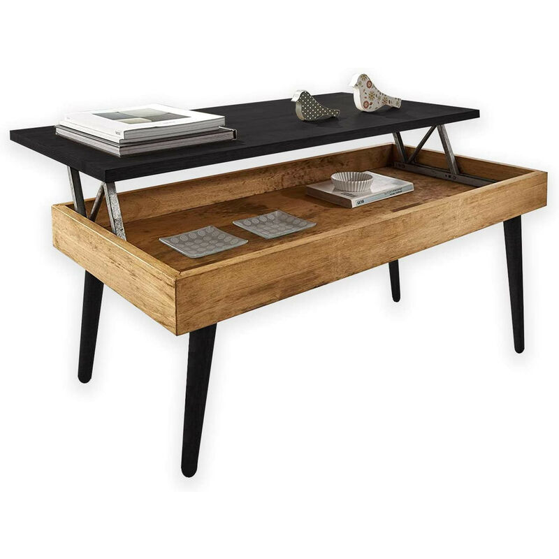 Mesa De Centro elevable con estilo escandinavo acabado encerado y negro madera maciza pino 100 natural. medidas x 50 47