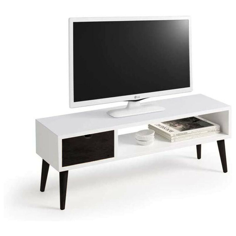 Mesa televisión, Mueble TV salón diseño Vintage, cajón y Estante, Color Blanco y Negro. Medidas 100 cm x 40 cm x 30 cm