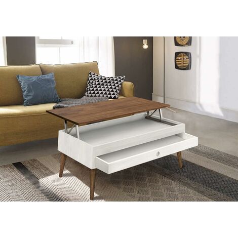 Mesa centro Odin elevable madera maciza acabado blanco patas encerado