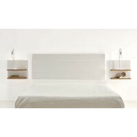 Cabecero madera blanca + 2 mesitas con estantes combinado madera maciza natural encerado y fondo blanco.