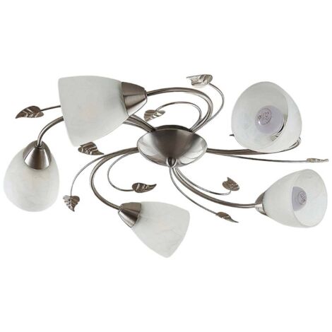 Lindby – Plafonnier à intensité variable 5 lampes en métal – Nickel satiné et verre blanc – Pour salon et salle à manger – Luminaire moderne