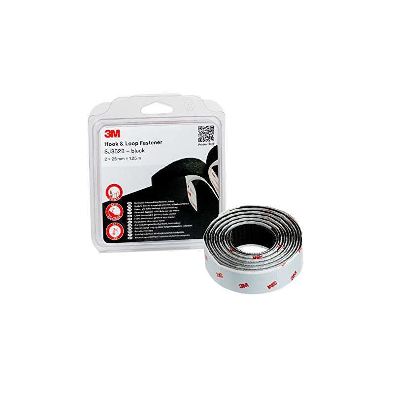 3M SJ352BBK RUBAN BOUCLES ET CROCHETS, 2 X 25 MM X 1.25 M, NOIR (LOT DE 1)