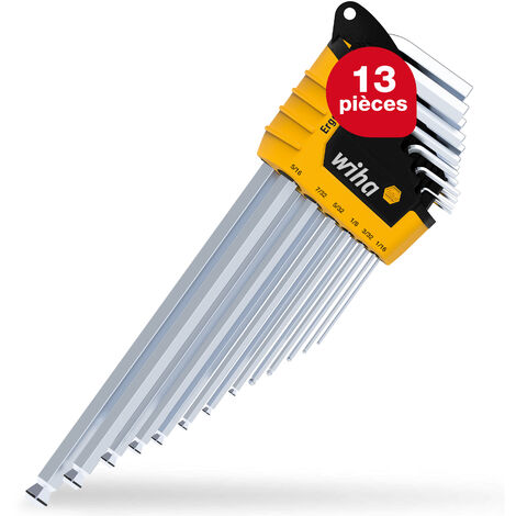 Wiha Jeu de clés mâles 13 pièces dans étui ErgoStar I Six pans à tête sphérique MagicRing® I 1,3 mm - 9,5 mm I Chromé mat, exécution en pouces (43852) (1/5)