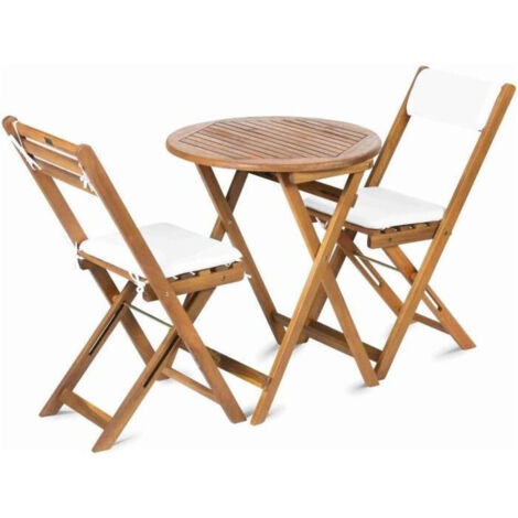 GROUPE DE JARDIN 3 PIÈCES EN BOIS D'ACACIA FIELDMANN TABLE ET DEUX CHAISES PLIANTES BLANCHES AVEC COUSSIN POUR LE SIÈGE ET DOS (1/5)