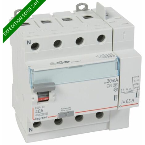 INTERRUPTEUR DIFFÉRENTIEL DX3 - ID - VIS/AUTO - 4P - 400V - 40A - TYPE HPI - 30MA - DÉPART HAUT LEGRAND 411658
