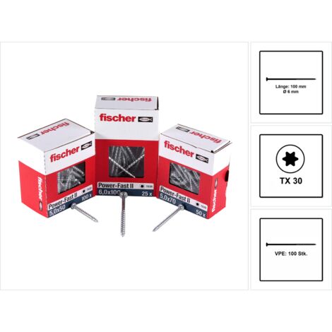 FISCHER LOT DE 100 VIS POWER-FAST II POUR PANNEAUX D'AGGLOMÉRÉ - 6 X 100 MM - TÊTE FRAISÉE AVEC ÉTOILE INTÉRIEURE TX - FILETAGE