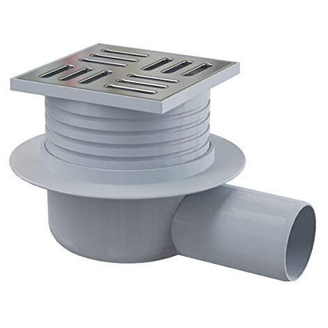 Siphon de sol avec grille inox 105 x 105 mm – Sortie horizontale Ø50 mm – Hauteur réglable 11 à 47 mm – Matériau polypropylène