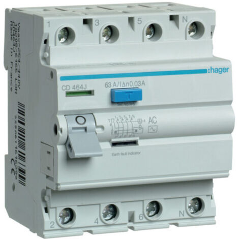 Cd464j - Interrupteur Différentiel Hager Tétrapolaire 30ma 63a Type Ac - Bornes Alignées