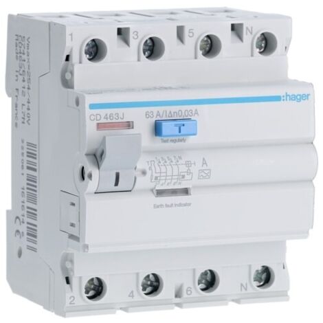 Cd463j Hager - Interrupteur Différentiel 4p 63a 30ma - Type A - Auxiliarisable - Entrée Haute / Sortie Basse