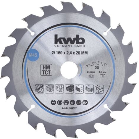 KWB 584557 LAME DE SCIE CIRCULAIRE EN BOIS DUR ET BOIS DUR 160 X 20 MM COUPES PROPRES, CHIFFRES MOYENS, 20 DENTS Z-20 (1/4)